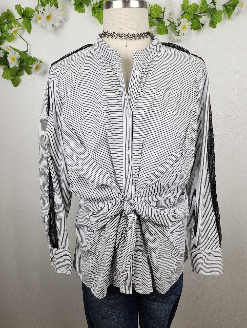 Worthington Striped Shirt Knot-Front Long Sleeve - Black/White Sz XL